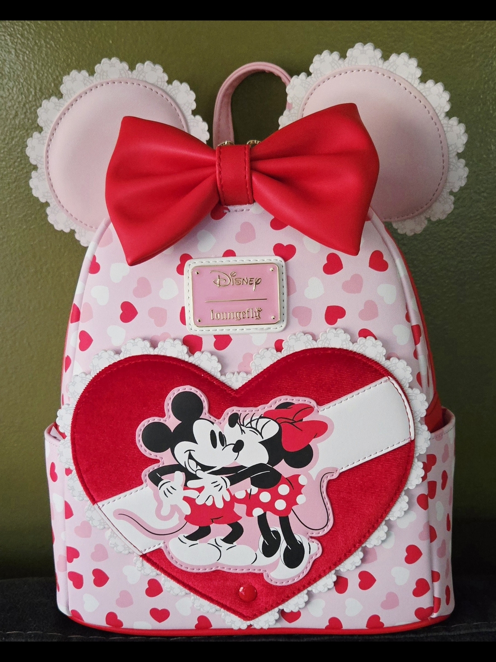 Loungefly Pink, Red & White Minnie & Mickey Heart Mini Backpack